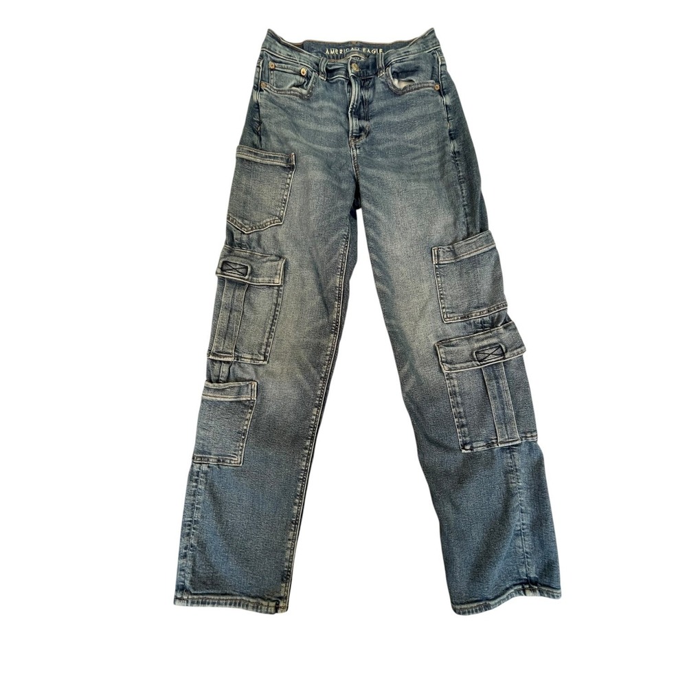 American Eagle Outfitters Cargo Jeans Womens 2 Blue Denim Cotton Straight Leg